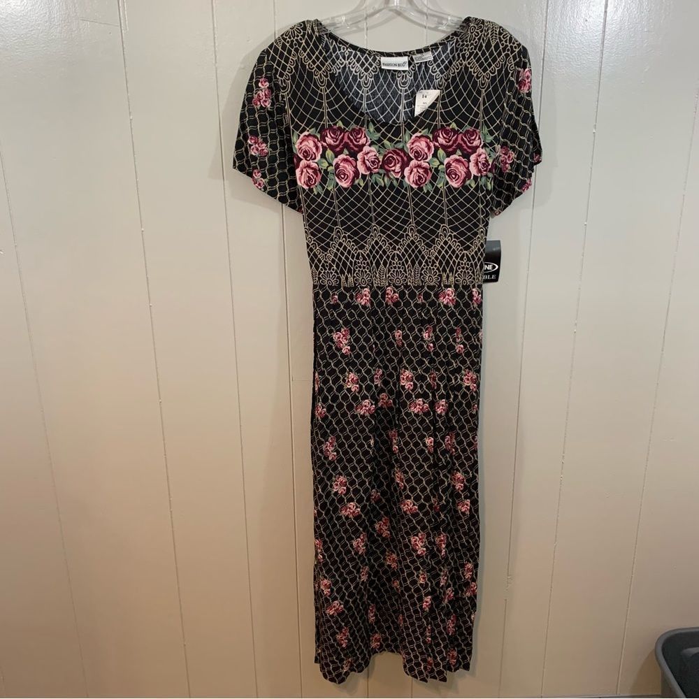 Fashion Bug Black Plus Floral Dead Stock Vintage 90s Back Tie Maxi Dress 14 NEW